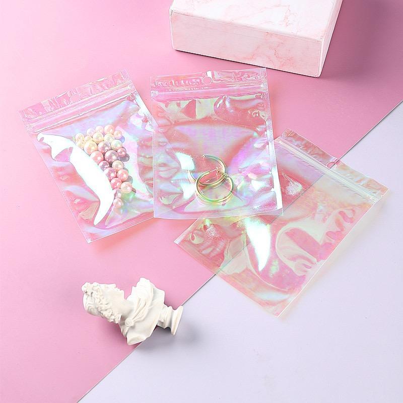 Transparent Mylar Holographic Bags Iridescent Zip Bags Cosmetic Jewelry Holographic Pouches Pink Rainbow Zipper Bags