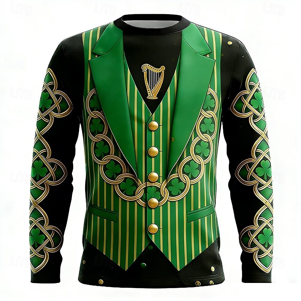 St Patricks Day Graphic T Shirts Men Long Sleeve T Shirt Gold Horseshoe Shamrock Faux Tuxedo Funny Green Tee Pullovers Clothing