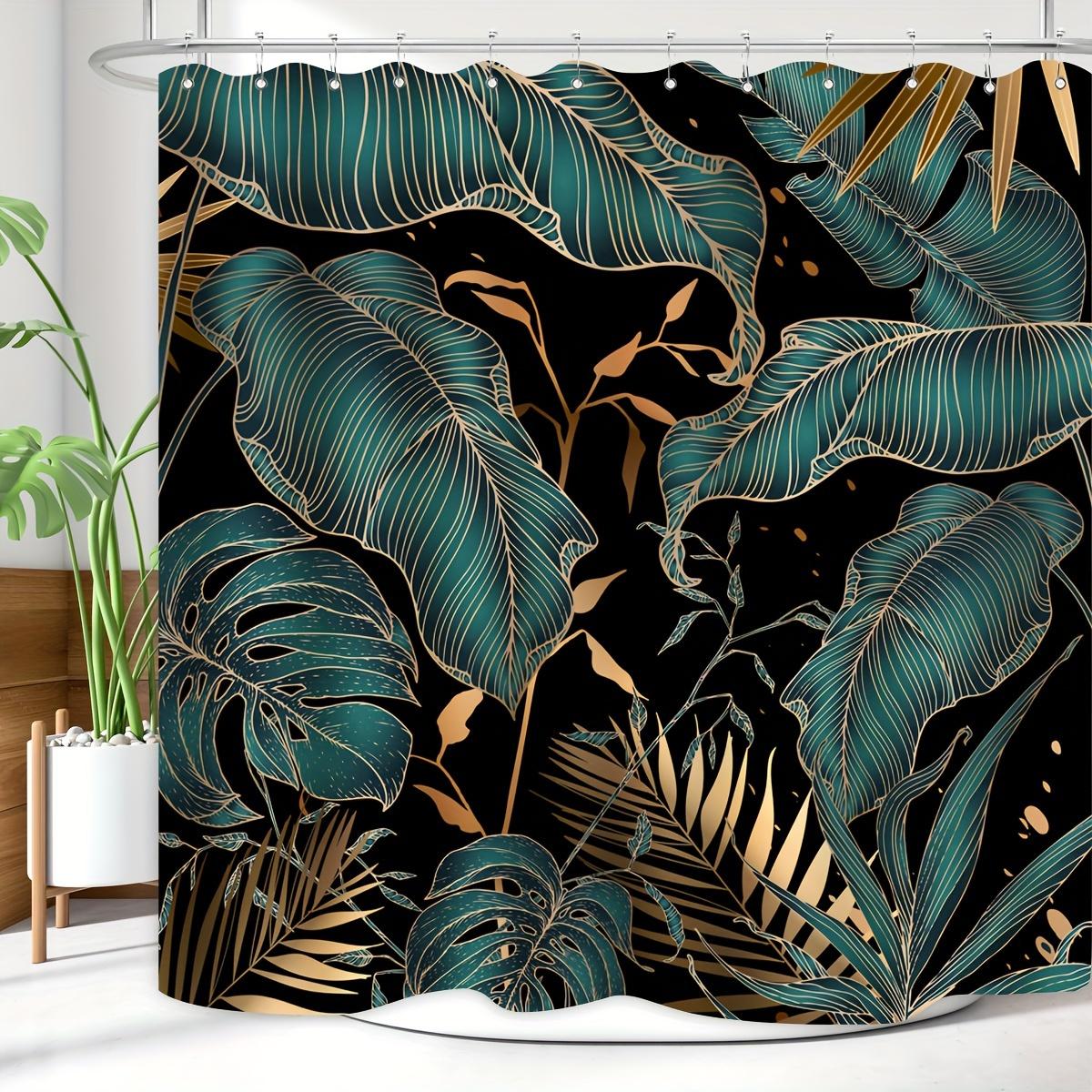 Tropical Palm Leaf Shower Curtain - Green & Gold Abstract Banana Leaf, Modern Botanical Design,  Nature-Inspired W90xH180cm