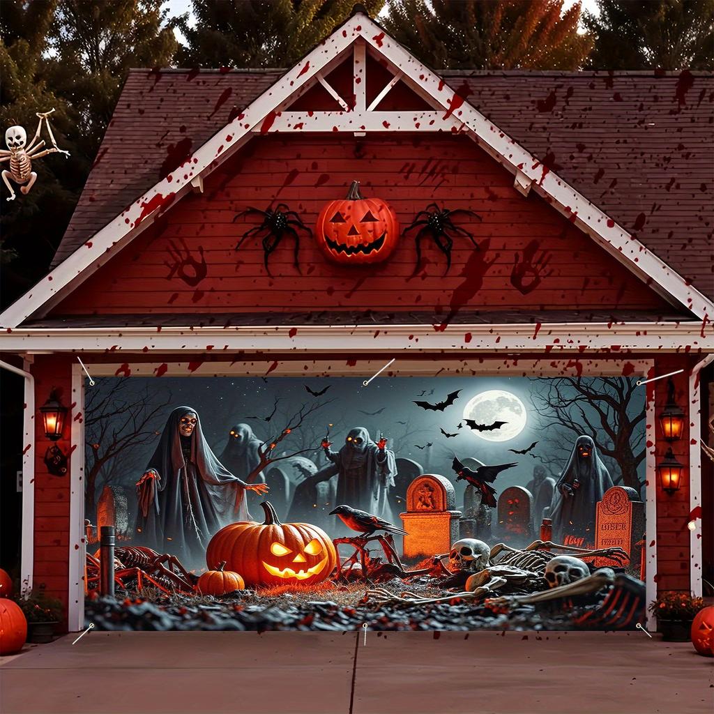 2D banner 1 piece Halloween garage door decoration with pumpkin bat tombstone and ghost design Halloween decoration