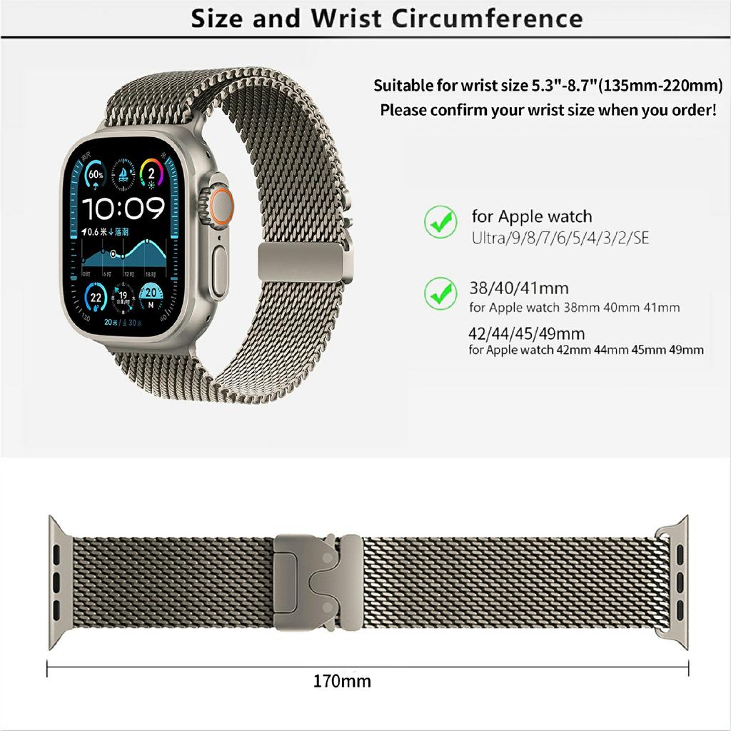 KALEBOL Watch Strap for Apple Watch Series 11 10 42mm/9 8 7 41mm/SE3 SE2 SE 6 5 4 40mm/3 2 1 38mm Parachute Buckle Milanese Stainless Steel Band