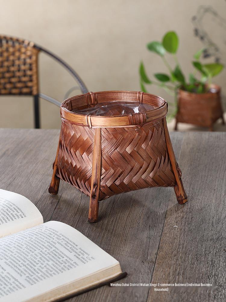 Bamboo Weaving Decorative Flower Pot Cover and Arrangement Basket - Handmade Retro Vase and Green Dill Storage