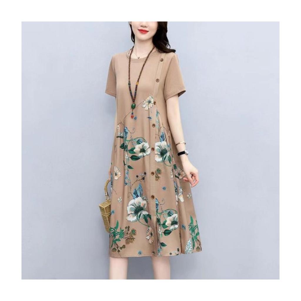 Women's Round Neck Short Sleeve Floral Print A-Line Midi Dress Casual Loose Summer Dress