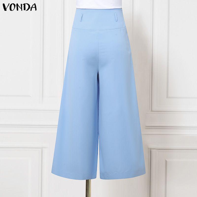 VONDA Women Casual High Zip-up Waist Casual Nonelastic Wide Leg Pants Trousers