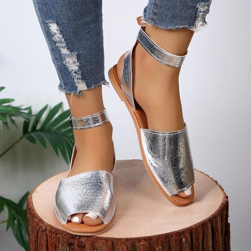 2024 Horký výprodej Boty Dámské Sandály s přezkou Dámské Sandály Plus Size Ležérní Sandály Dámské Kulatá špička Plochá podrážka s botami Dámské Zapatos