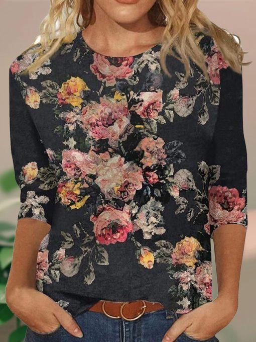 

Женская футболка 3D-принт Винтажный цветочный принт Повседневная с длинным рукавом Круглый вырез Обычные топы Ежедневный принт Розовый Весна и Осень Y2k 4XL