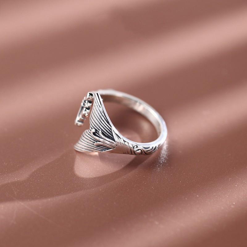 Adjustable Open Ring Women Men Sterling Fish Tail Design Vintage Retro Artisan Style Jewelry Gift