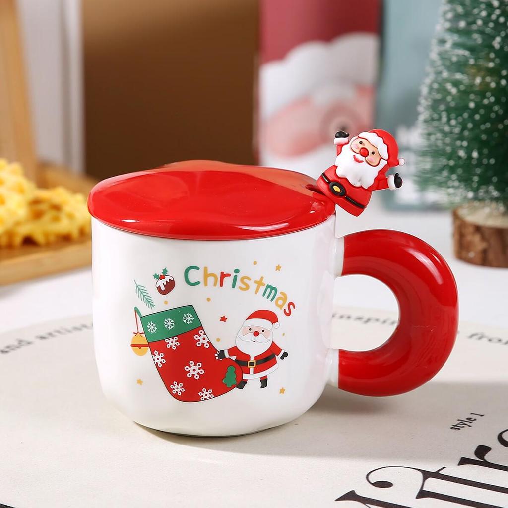 Santa Claus Ceramic Christmas Mug with Lid & Spoon - Cute Cartoon Design