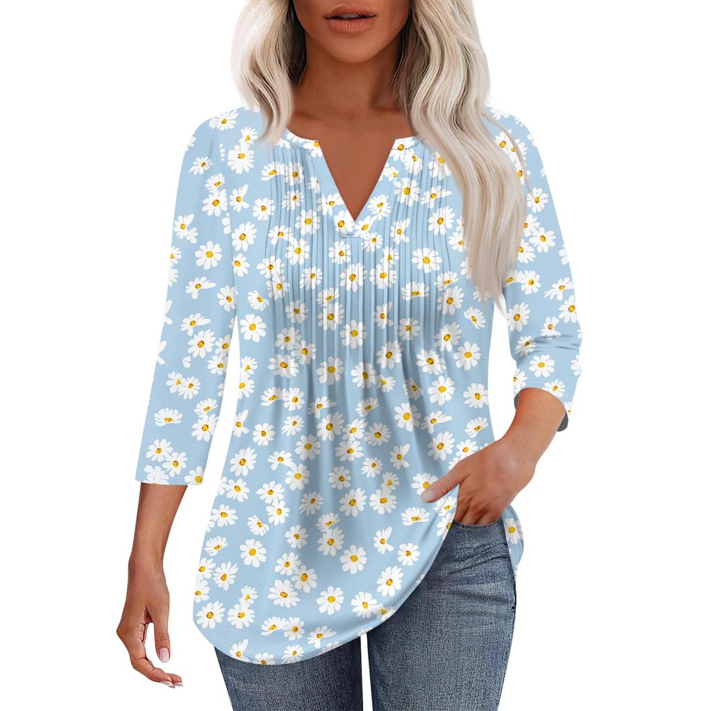 Γυναικείο μοντέρνο casual t-shirt με πλισέ λαιμόκοψη σε χρώμα V και μανίκια επτά τετάρτων