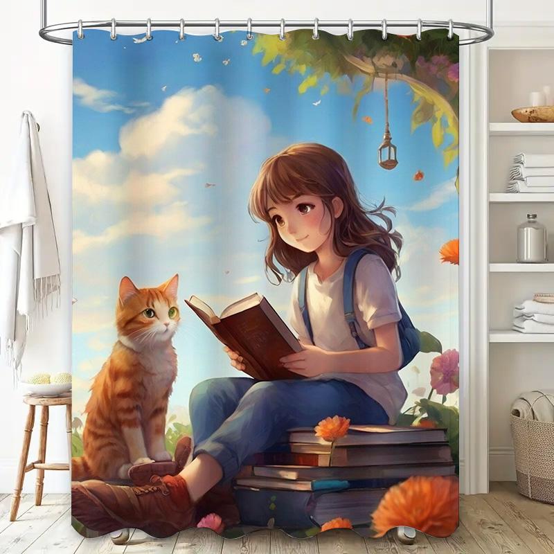 Girl Reading With Cat Waterproof Shower Curtain