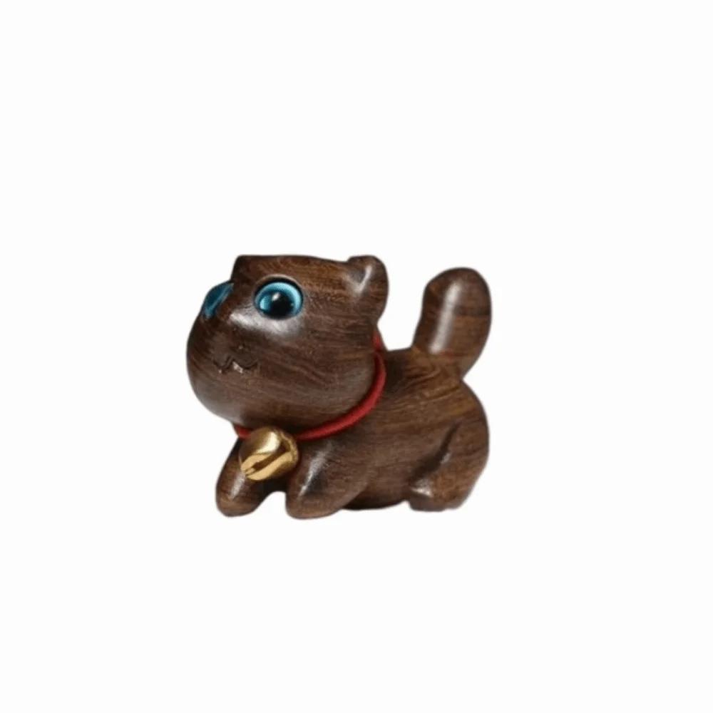 Pet Ornaments Miniature Wood Cat Statue Cute Handmade Carving Animal Statue Cartoon Natural Cat Figurine Desktop