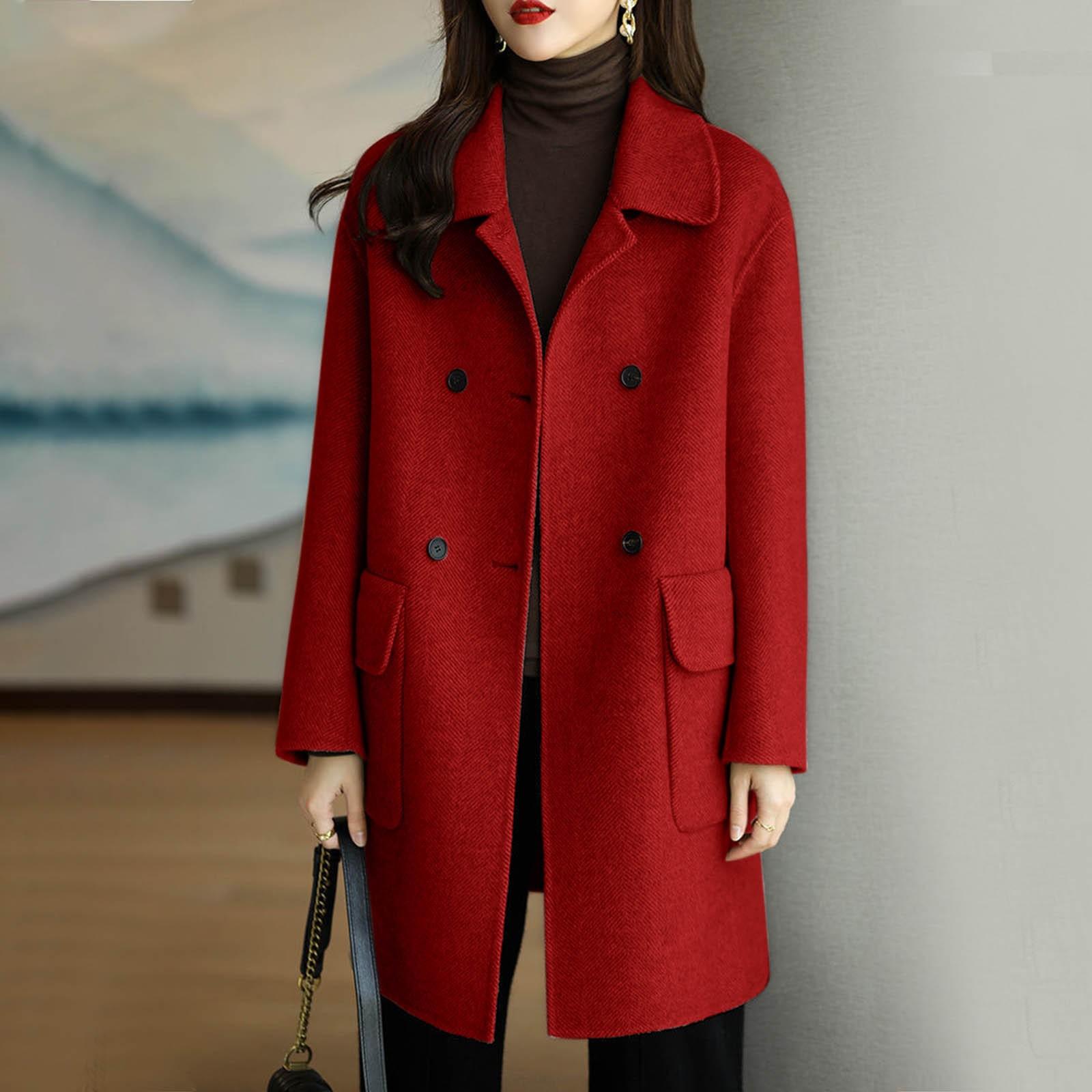 

Женское однотонное двубортное шерстяное пальто средней длины с длинными рукавами и карманами XL красный