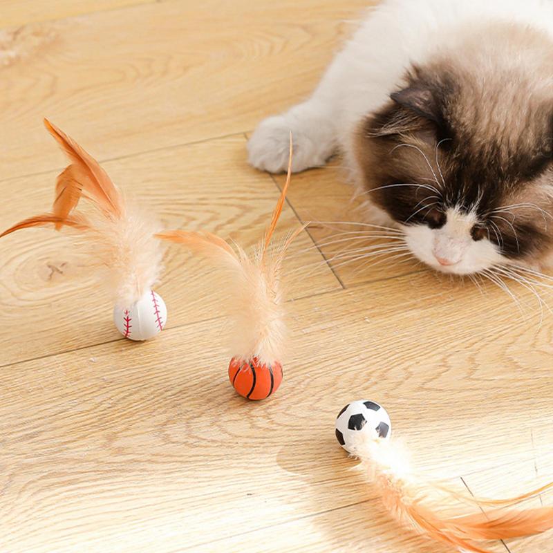 3Pcs Cat Interactive Ball Toys Bouncy Balls with Feathers Indoor Cat Game Toy Feather Cat Training Catcher Pet Toy