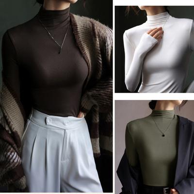 Half High Collar Long Sleeve Shirt Women Sexy Cropped Tops Autumn Black Casual Skinny Slim Basic Woman T Shirts