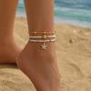 3PCS Bohemian Rice Beads Starfish Pendant Anklet Set Fashion Summer Beach Sea Shell Multilayer Ankle Bracelet On Foot Jewelry