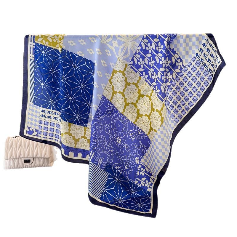 Contrasting Color Splicing Satin Simulation Silk Printing Large Square Scarf Silk Scarf Shawl Headscarf Neck Protection Scarf