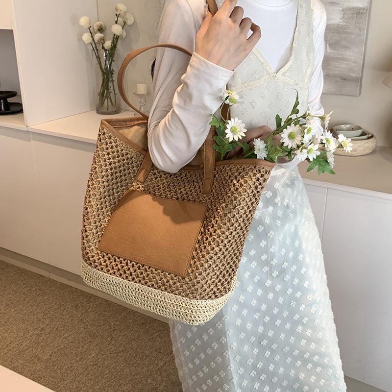 Women Crochet Beach Handbag PU Patchwork Weaving Travel Bag Contrast Color Simple Shoulder Bag Ladies Summer Daily Bag AVE