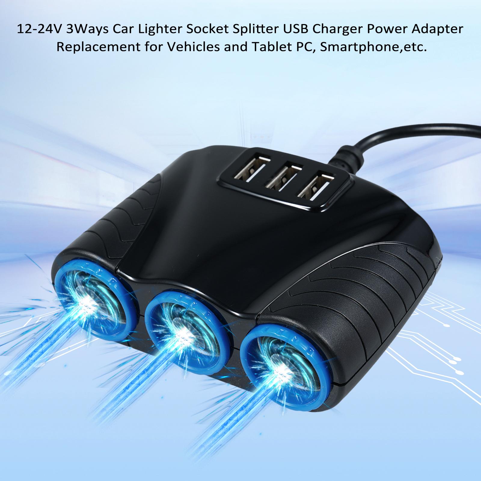 

12 24В 3 гнезда прикуривателя автомобиля разветвитель USB зарядное устройство адаптер питания замена для автомобилей и планшетных ПК, чёрный