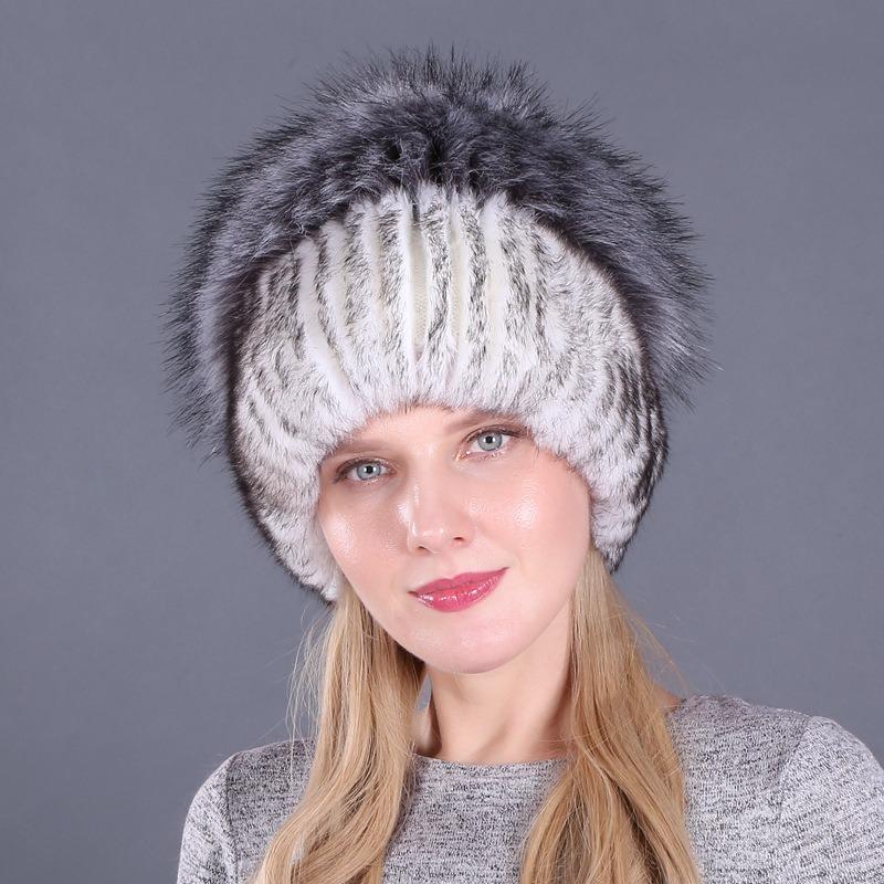 Autumn and Winter Women's Rabbit Fur Cap Casual Warm Ear Protection Knitted Caps