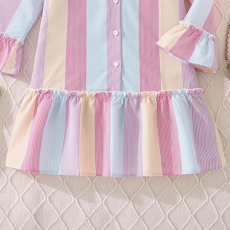 Girls' Dress Children's Clothing Autumn New Style Elegant Color Block Striped Long Sleeve Single-Breasted Shirt Dress