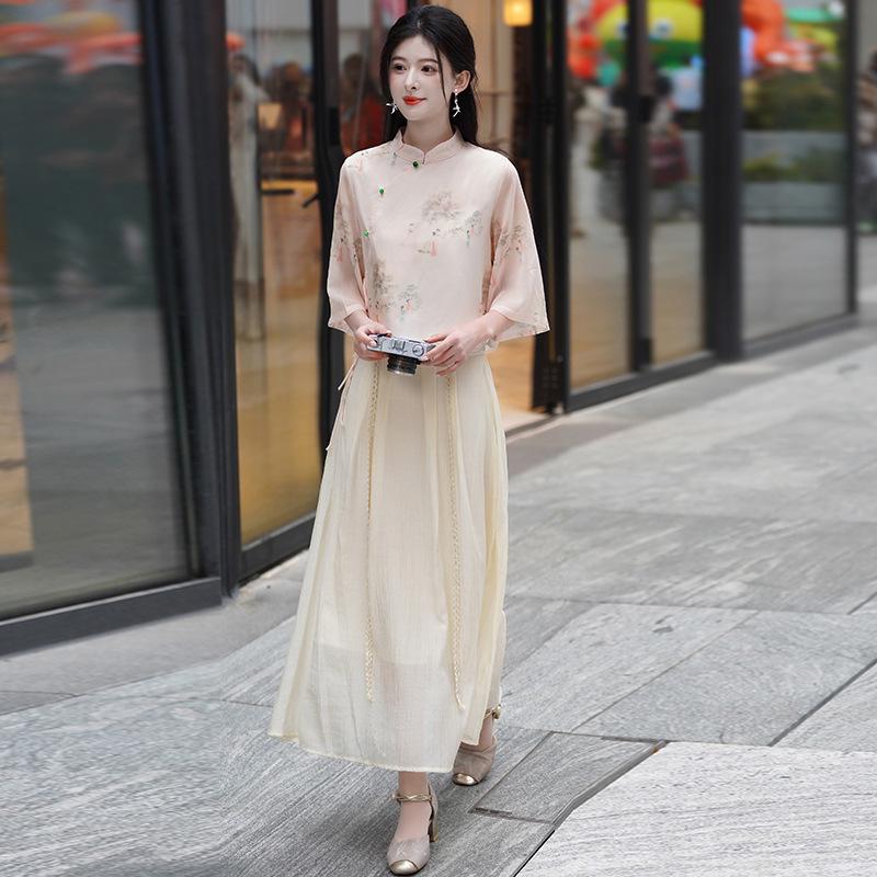 High-Quality Retro Jacquard Mandarin Collar Frog Button Top & Skirt Set