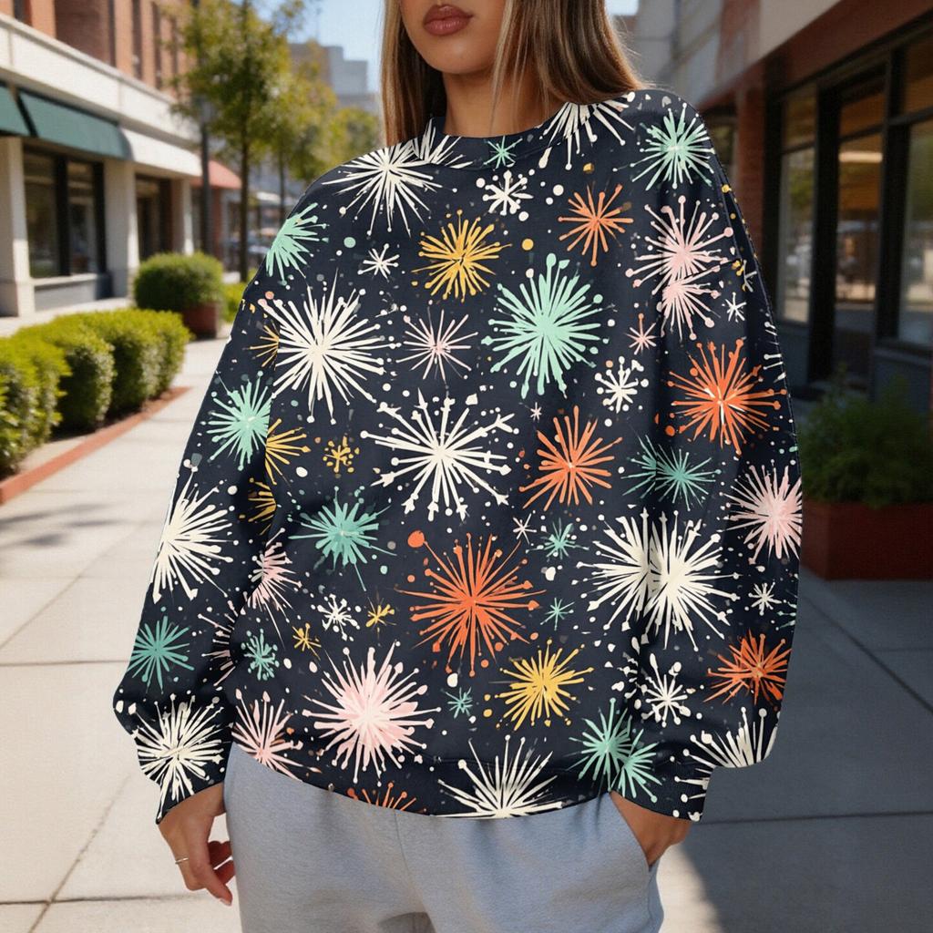 Women's Casual Christmas Print Crewneck Sweatshirt Pullover Top for Holiday Wear
