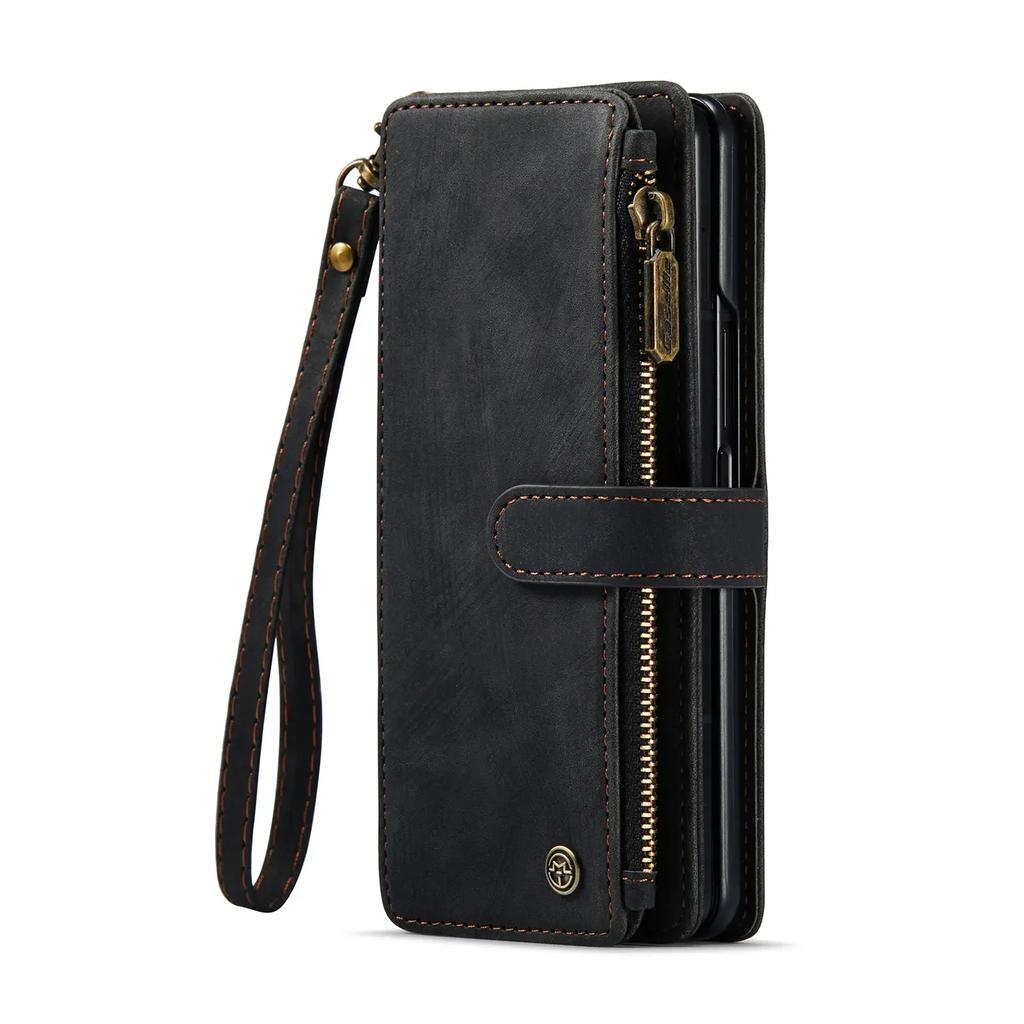 CaseMe Ledertasche für Samsung Galaxy Z Fold 6 5 Reißverschluss-Geldbörse mit Stifthalter Lanyard 2-in-1-Design Kartenfächer Handyhülle
