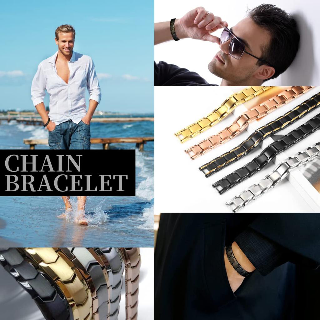 [Jewelry Specialty Store] Men's Germanium Bracelet, Stainless Steel, Magnetic, 99.99% Purity, with Cubic Zirconia (Black)