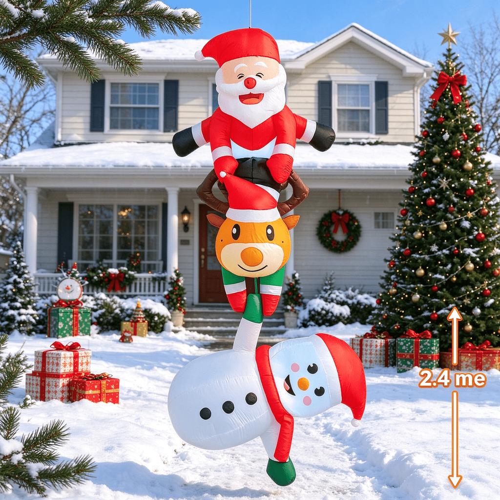 Christmas Inflatable Stacked Santa Reindeer Snowman with LED Lights, 2.4M Hanging Xmas Blow Up Decor for Yard Garden Holiday Party