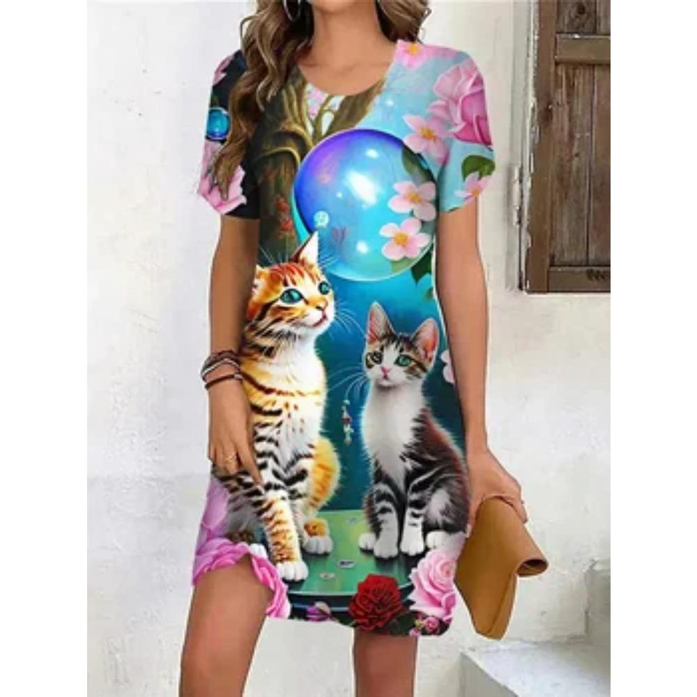 Fashion Summer Cute Dresses Women Elegant Short Sleeve 3D Print Loose Casual Round Neck Oversized Dress