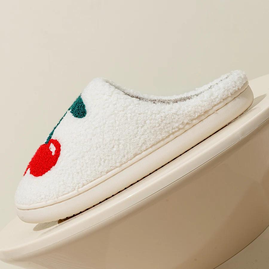 Fashion Super Cute Cherries Plush House Slippers for Women  Comfy Home Shoes   Flat Slip-on Slides   Platforms, Winter Slippers