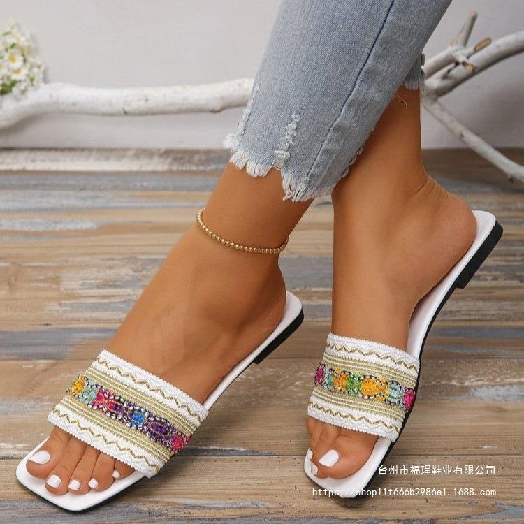 Flat-bottomed Slippers Women's Bohemian Stripes Breathable One Pedal Home Slippers Women's Slippers