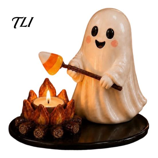Rustic Yard Decoration Halloween Resin Scarecrow/Ghost/Mummy Candle Holder, Decorative Bonfire Tea Light Hand Painted Table Centerpiece Camping Scene