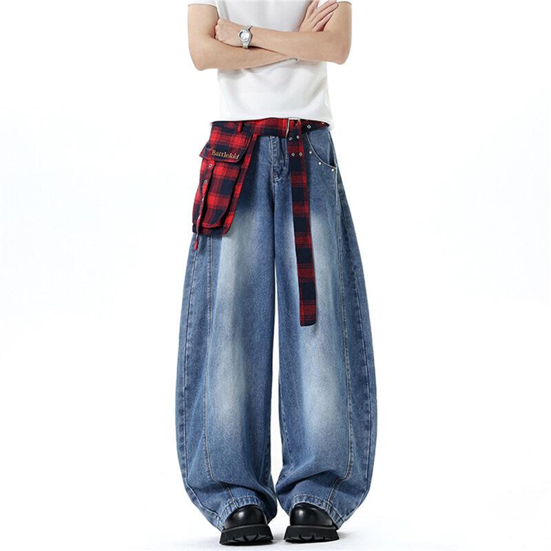 American High Street Plaid Deconstruction Jeans Men's and Women's Summer New Loose Design Trendy Brand Straight Wide-leg Trousers