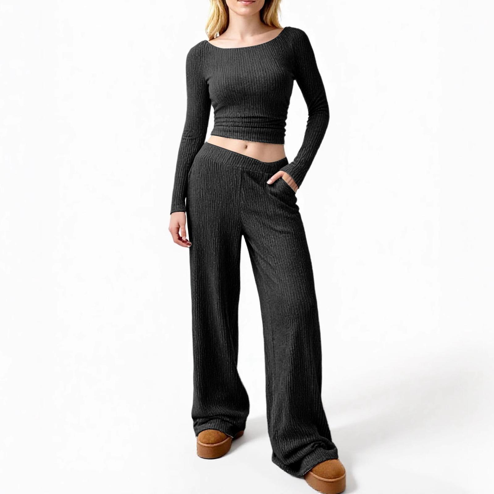 

Женский топ с длинным рукавом и брюки с широкими штанинами на резинке на талии, модный повседневный костюм L