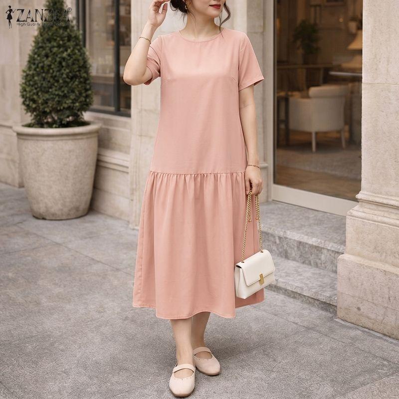 ZANZEA Women Casual Round Neck Solid Color Loose Summer Dress