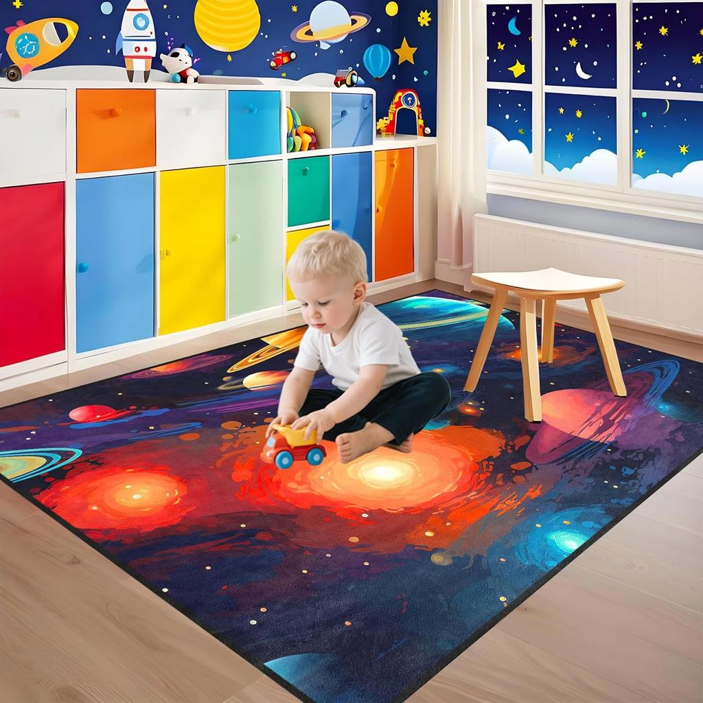Solar System Area Rug for Kids Bedroom, Educational Universe Planet Carpet, Outer Space Theme Play Mat for Boys and Girls