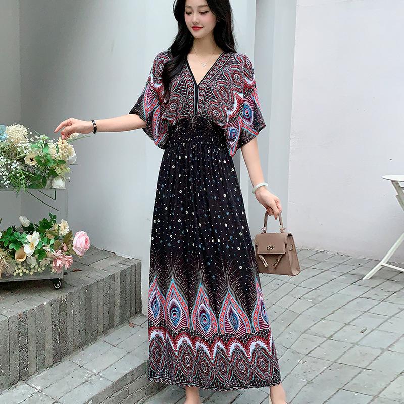 Dame Casual Blomstret V-halskjole Irregulær Tone Casual Rund hals Lang