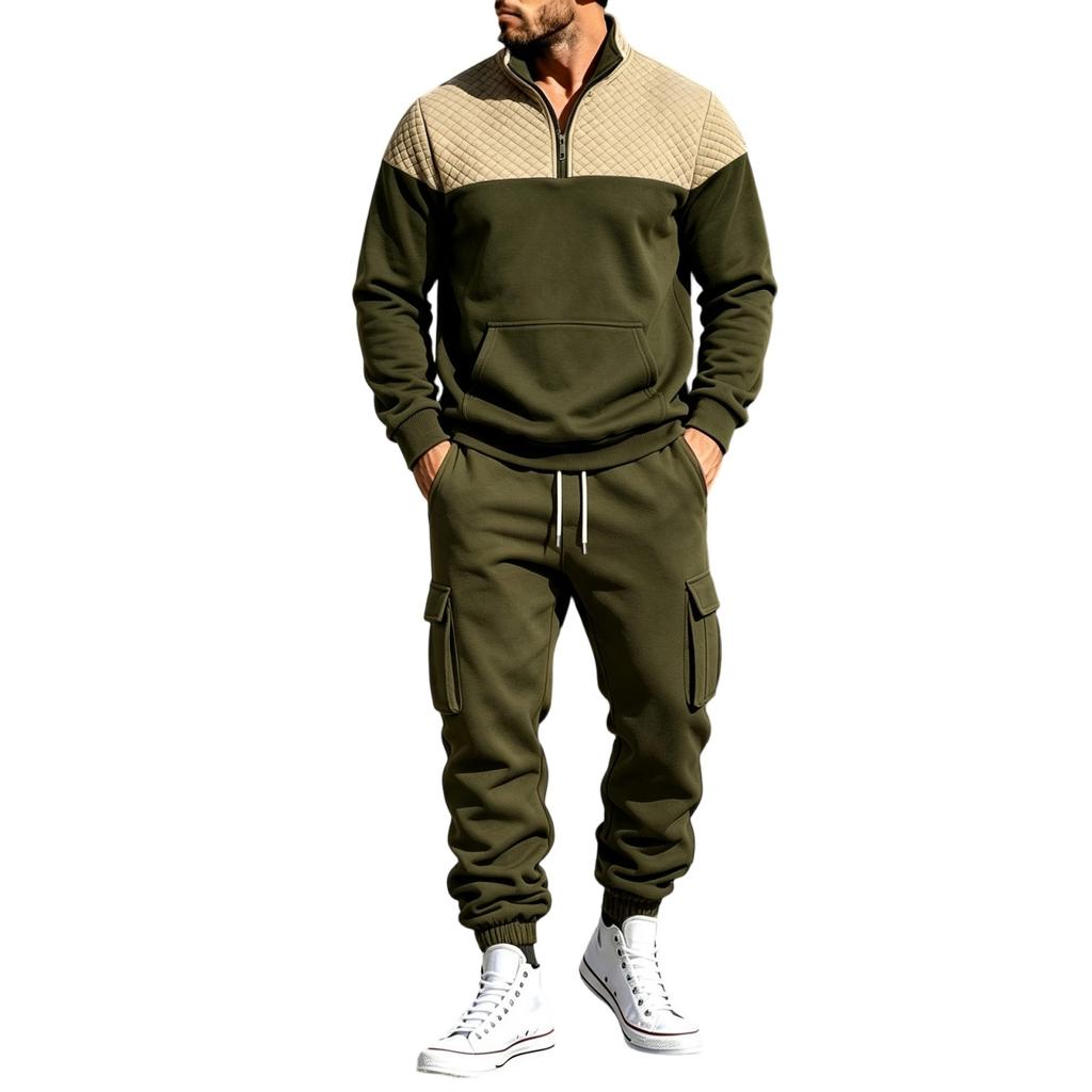 Men's Lined Track Suit with Stand Collar - Casual Color Block Sweatshirt and Pants Set, Loose Fit Two Piece Outfit for Fall Winter Outdoor