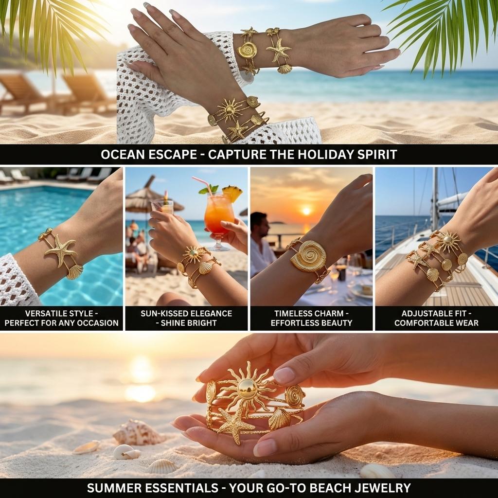 Vintage Punk Stainless Steel Ocean Series Wide Cuff Bangle for Women Gold Plated Starfish Conch Turtle Bracelet Beach Jewelry