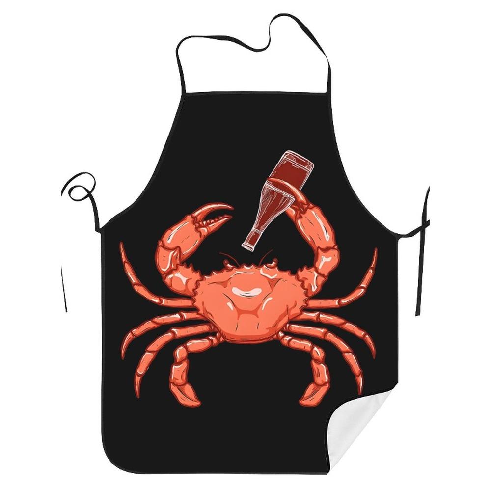Funny Cartoon Crab Holding Wine Bottle Apron, Creative Seafood - Themed Kitchen Cooking Waist Apron