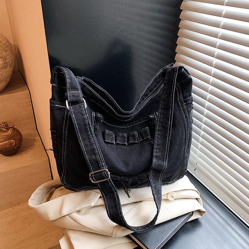

Корейская джинсовая сумка-тоут с эффектом стирки - Женская летняя мода 2025, Большая вместимость, на плечо, кроссбоди чёрный
