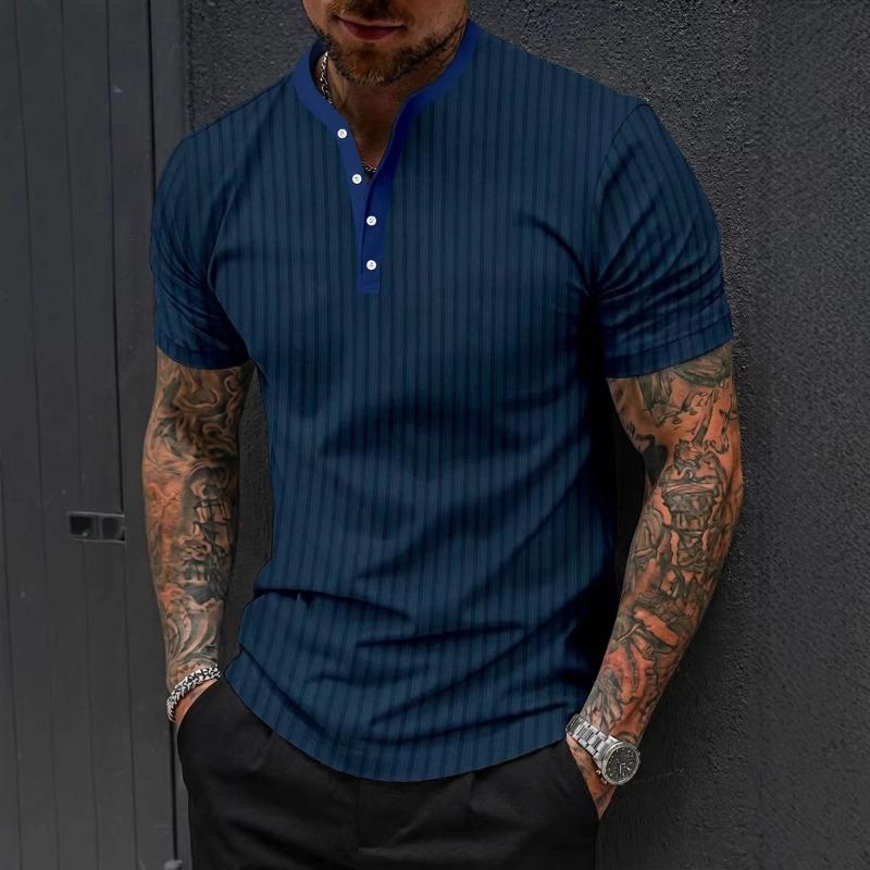 Mens Casual Striped Henley Shirt Short Sleeve Button Down Top