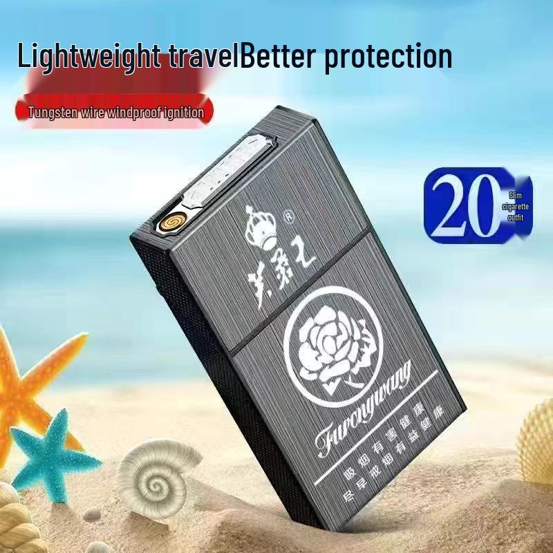 Slim 20-Piece Cigarette Case with Rechargeable Lighter - Moisture-Proof, Pressure-Resistant Flip-Top Design.