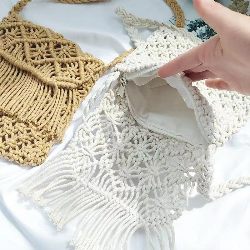 Handmade Cotton Woven Knitted Tassel Crossbody Bag Vintage Shoulder Messenger Bag Female Fashion Beach Summer Handbags for Women