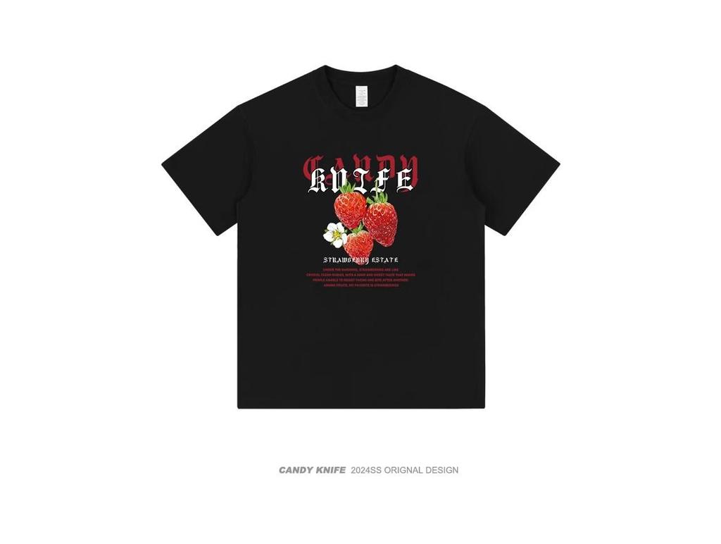 Unisex American Retro Hong Kong Style Strawberry Print T-Shirt - Summer Loose Fit