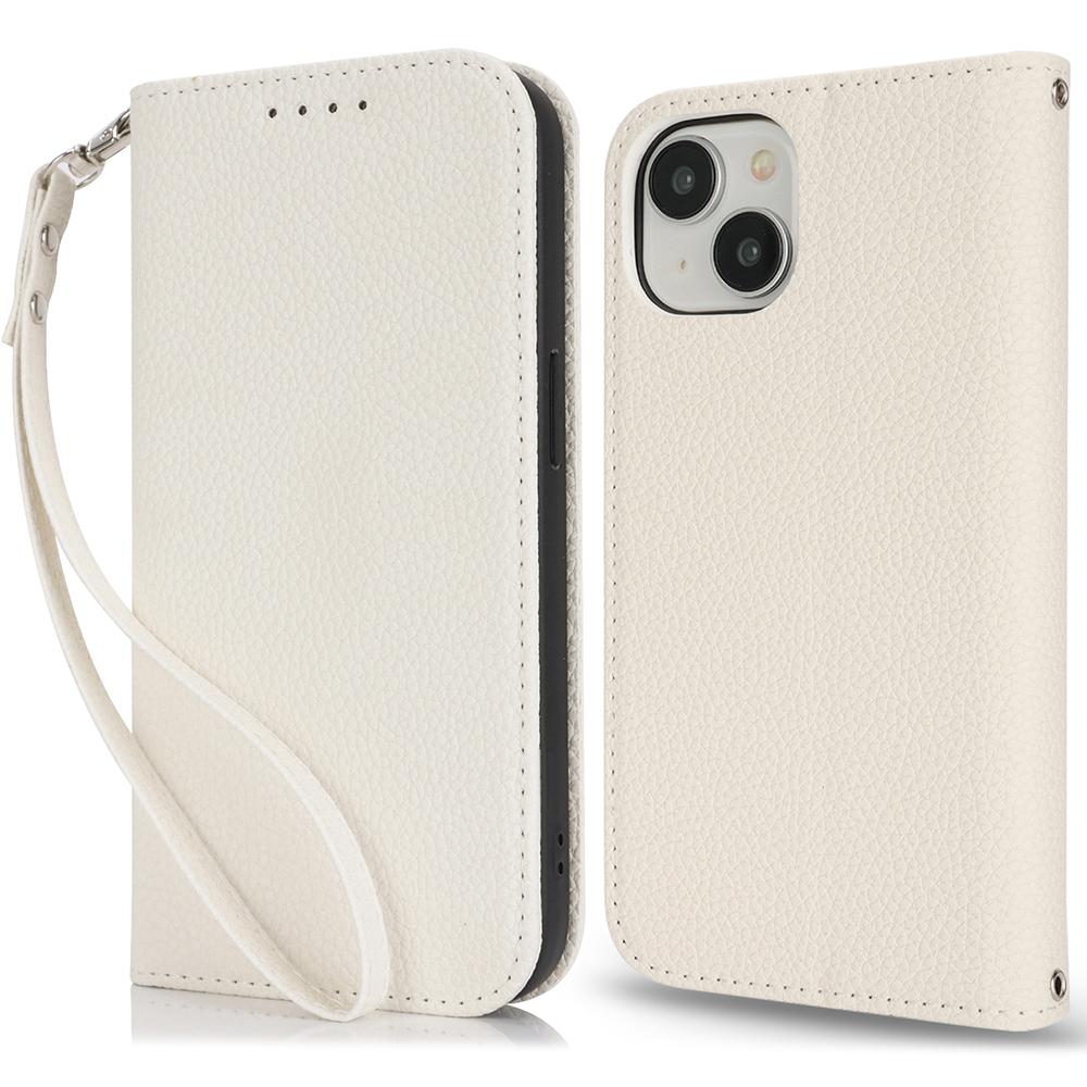 Stand Case for iPhone 14/13 Litchi Texture Leather Flip Phone Cover with Strap/Wallet
