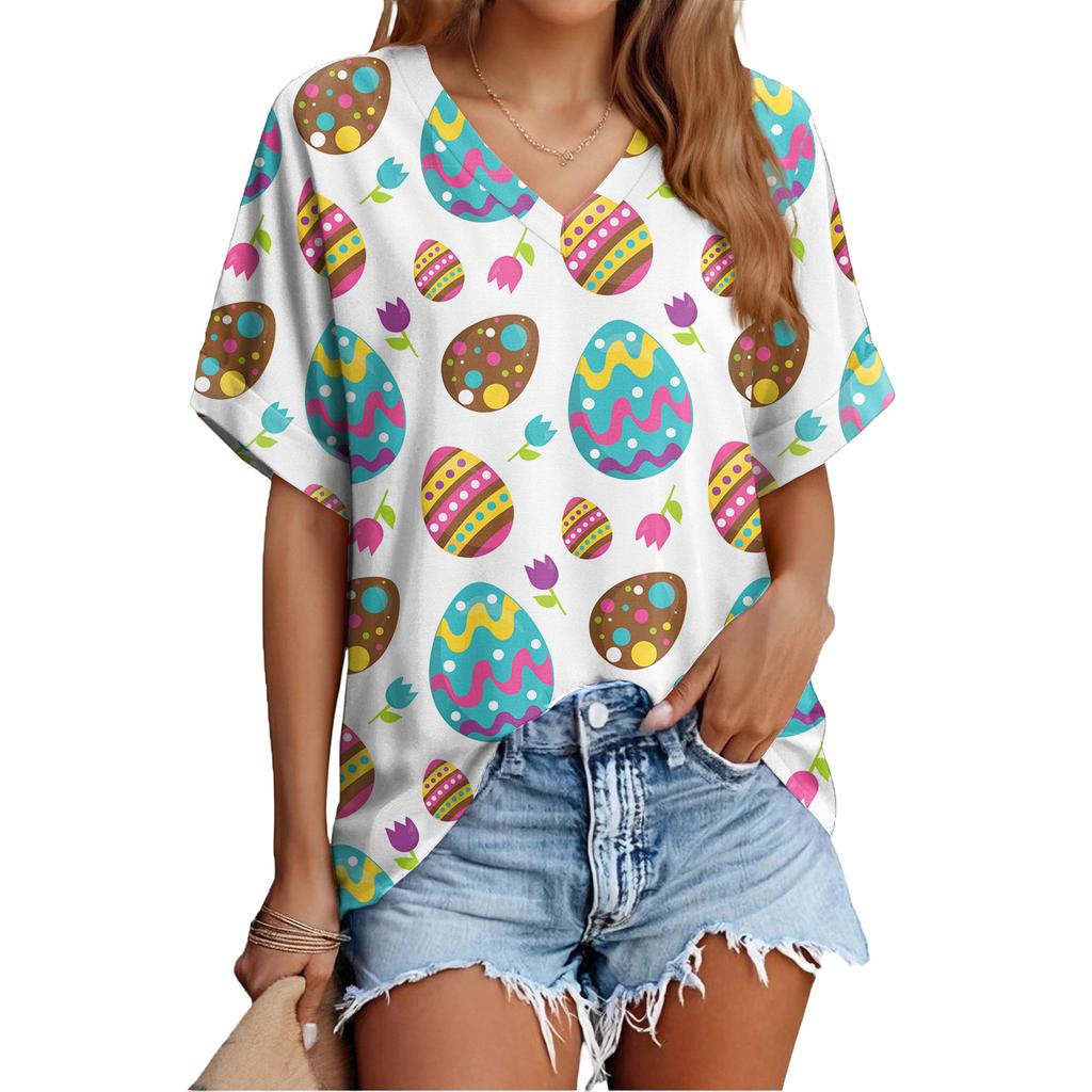 Women's Fashionable Casual Everyday Versatile Easter Print Slim-Fit Summer Short-Sleeve Top