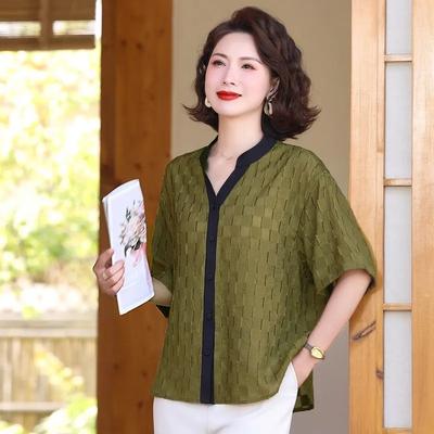 Dunkelgrüne Jacquard-Bluse für Damen, V-Ausschnitt, Dreiviertelarm, Locker geschnitten, Lässiges Oberteil
