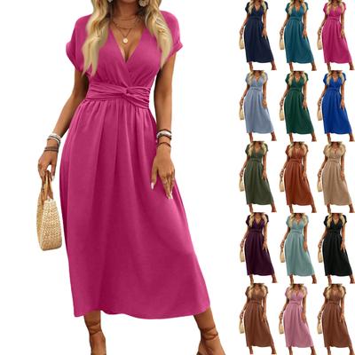 Women’s Short Sleeve V Neck Maxi Dress with High Waist Pleated Design Casual Loose Fit Summer Dress